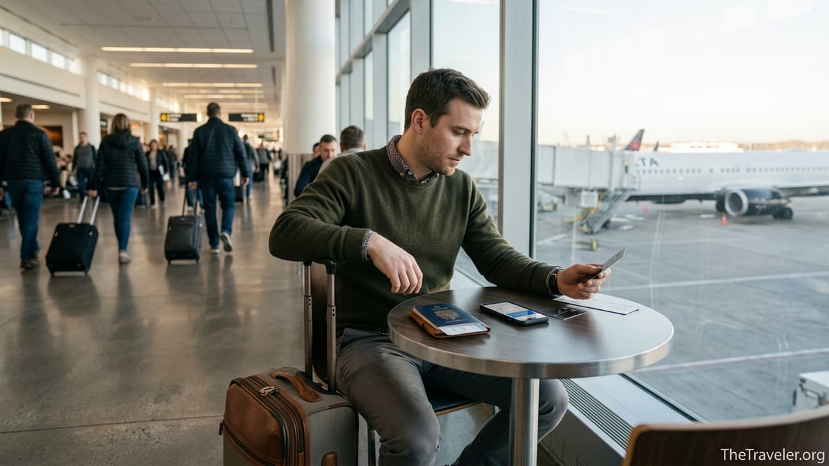 Traveler in an airport lounge reviewing a credit card and boarding pass by a large window.