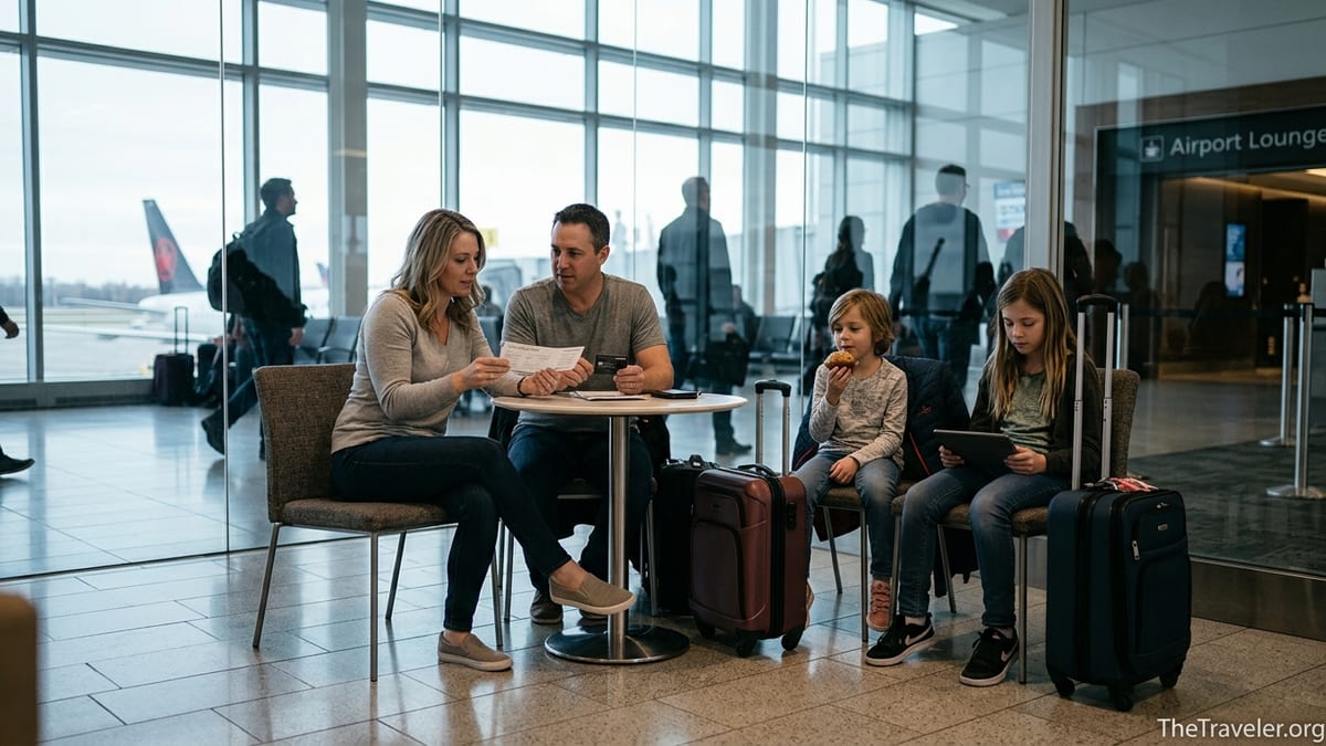 Family with luggage at airport gate reviewing credit card before a trip