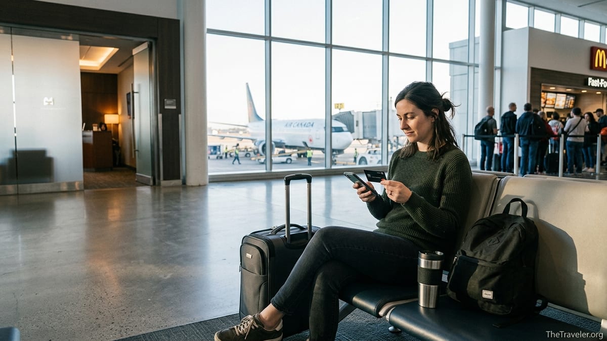 Traveler at a Canadian airport reviewing a BMO Ascend World Elite Mastercard near a lounge entrance.