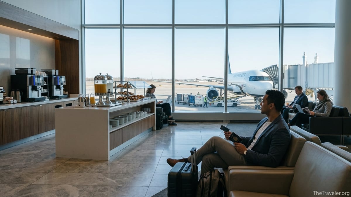 Traveler in a Canadian airport lounge holding a credit card and looking toward planes at the gate.