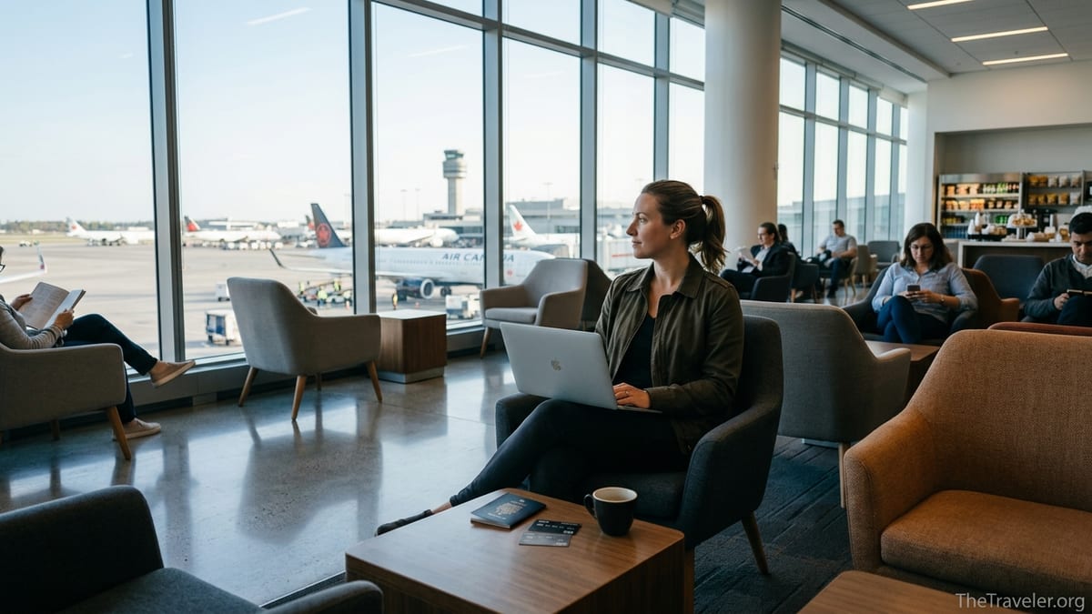 Traveler using a laptop with premium credit cards visible in a Canadian airport lounge.