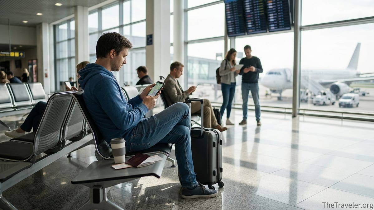 Traveler in an airport using a smartphone for eSIM data while waiting to board.