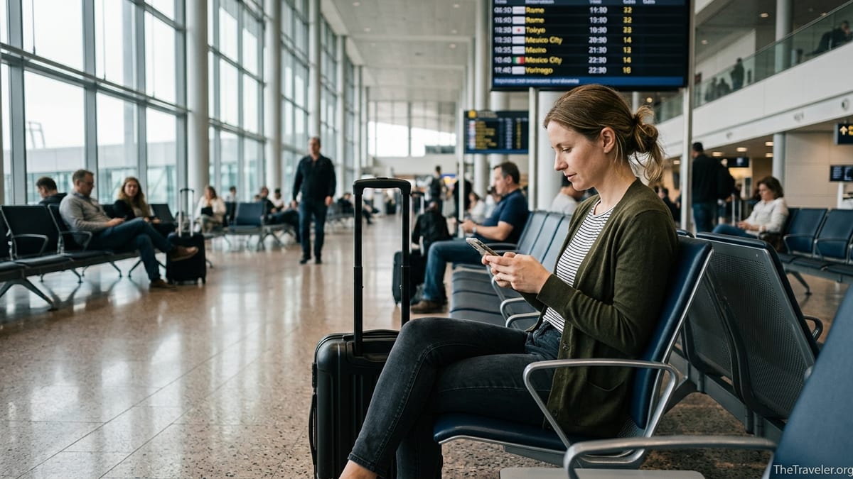 Traveler in an airport departure hall checking an eSIM app on their phone.