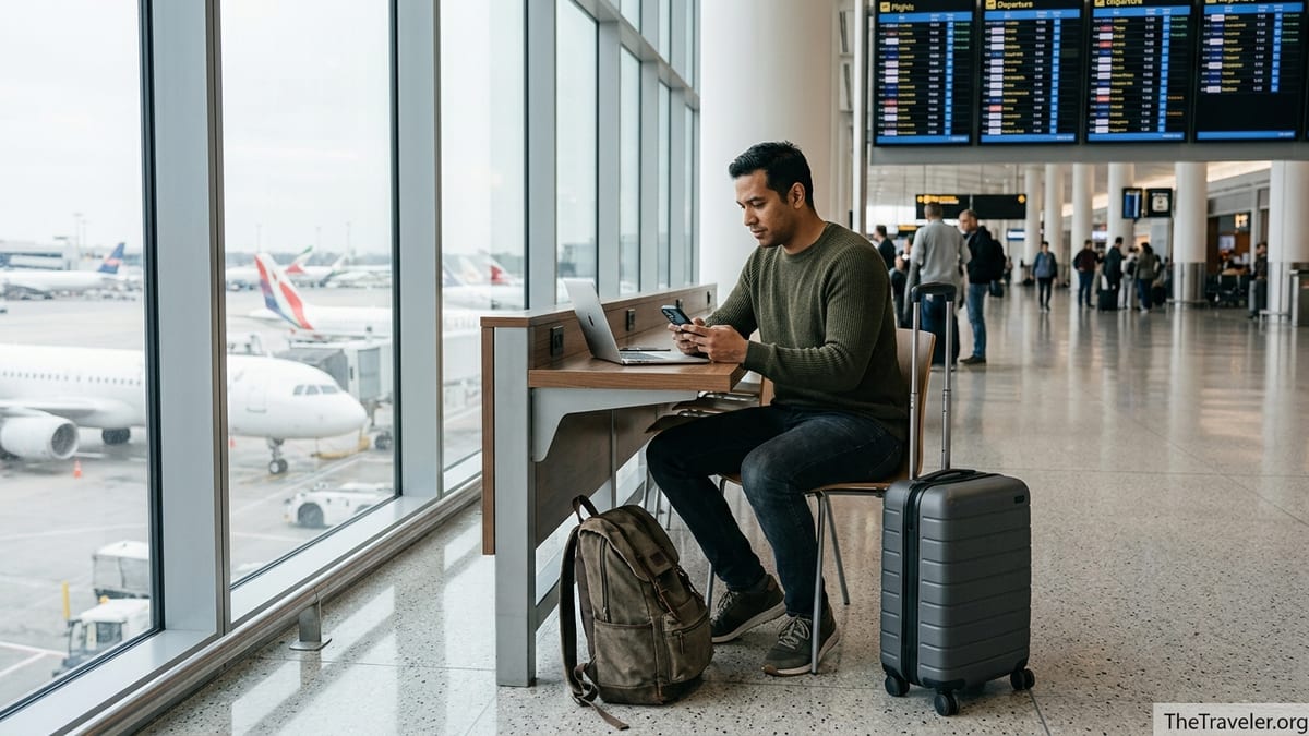 Traveler using a smartphone eSIM app in an airport terminal before an international flight.