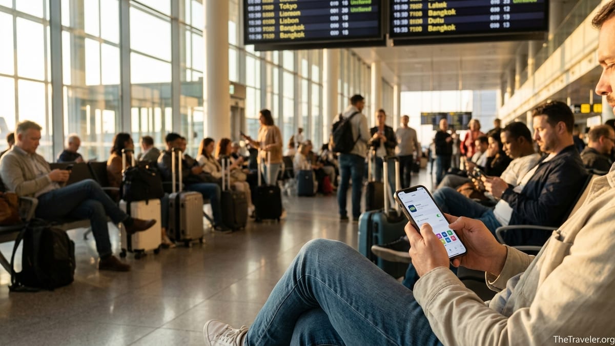 Traveler at an airport using a smartphone to manage a travel eSIM before boarding.