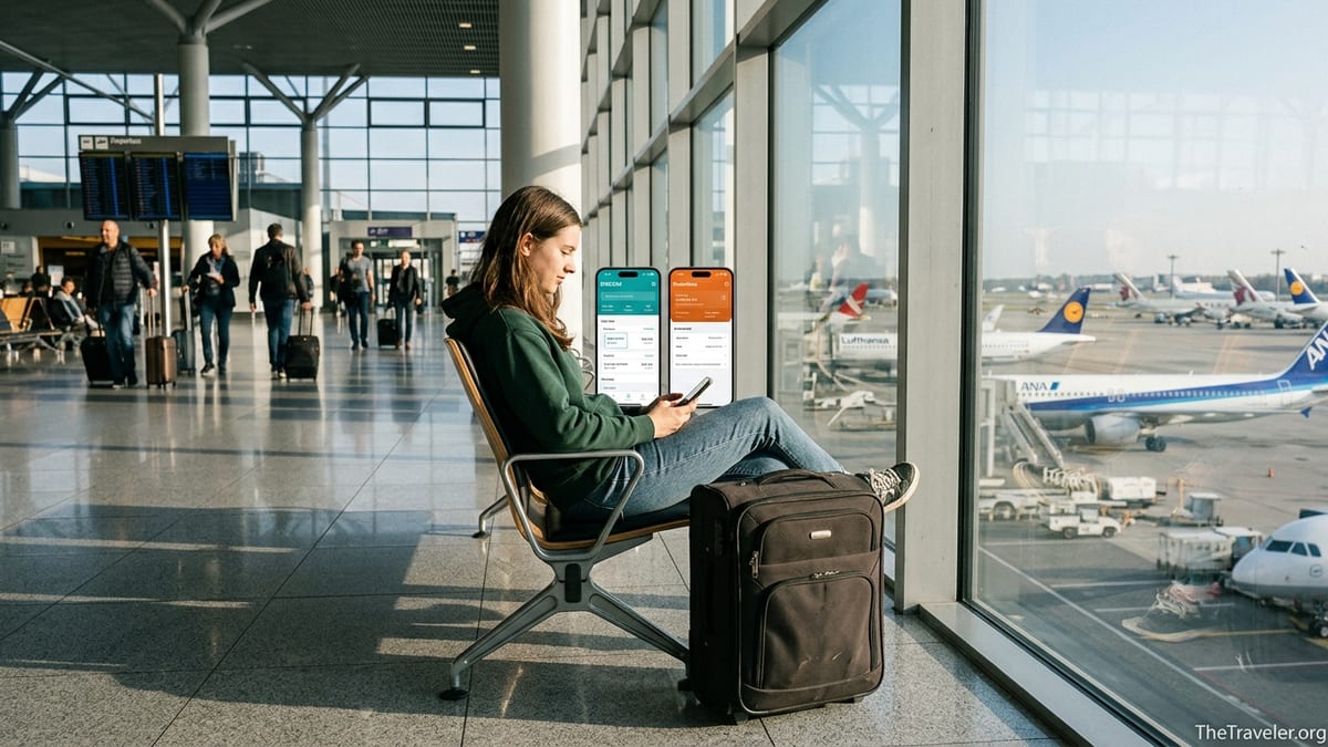 Traveler in an airport comparing BNESIM and Roamless eSIM apps on a smartphone.