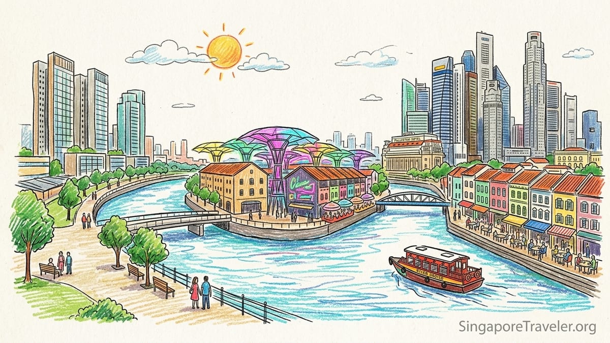Evening view of Singapore River showing Boat Quay, Clarke Quay and Robertson Quay lit up beside the water.