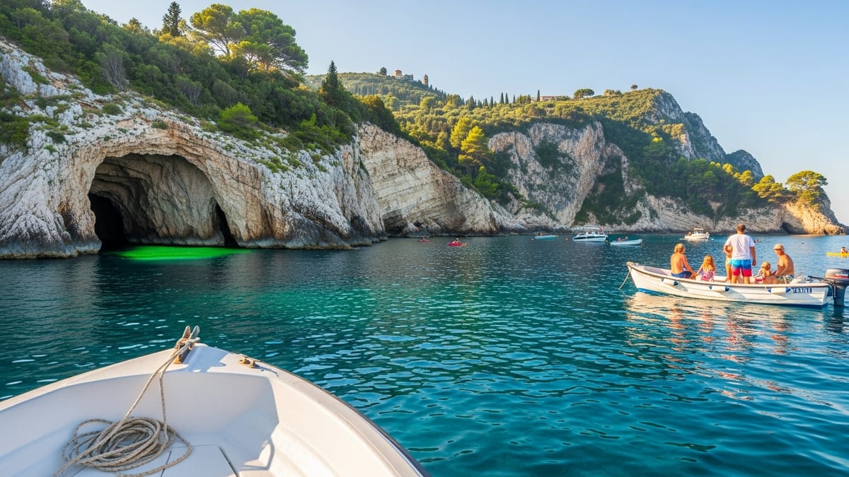 a boat cruising off Paleokastritsa, Corfu