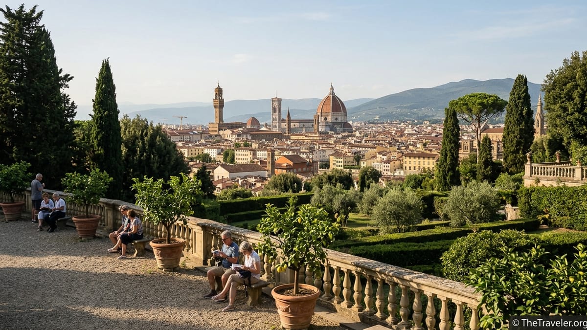 View over Florence from an upper terrace in Boboli Gardens with visitors and cypress trees.