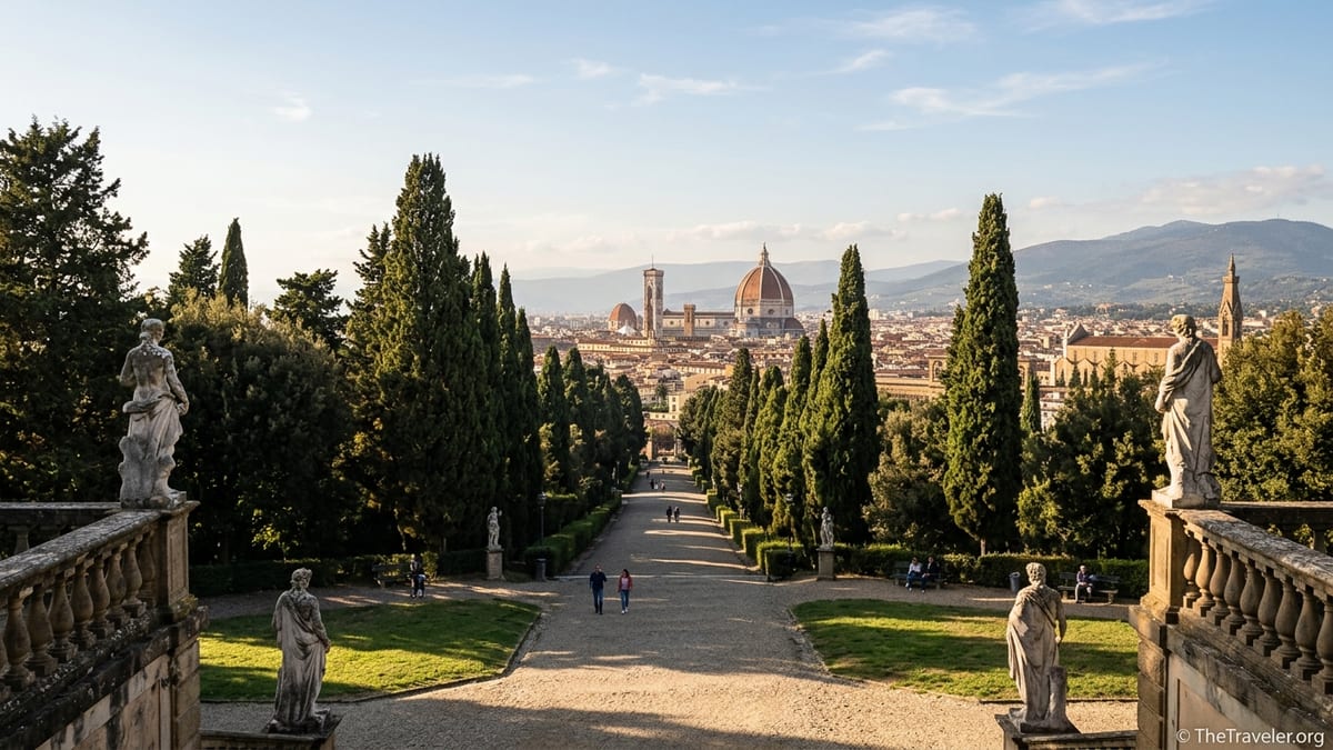 View from Boboli Gardens over cypress lined paths toward Florence’s skyline at sunset.