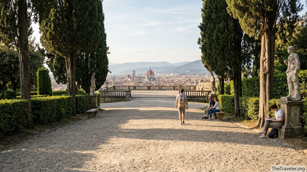 Quiet gravel path lined with cypress trees in Boboli Gardens overlooking Florence at sunset.