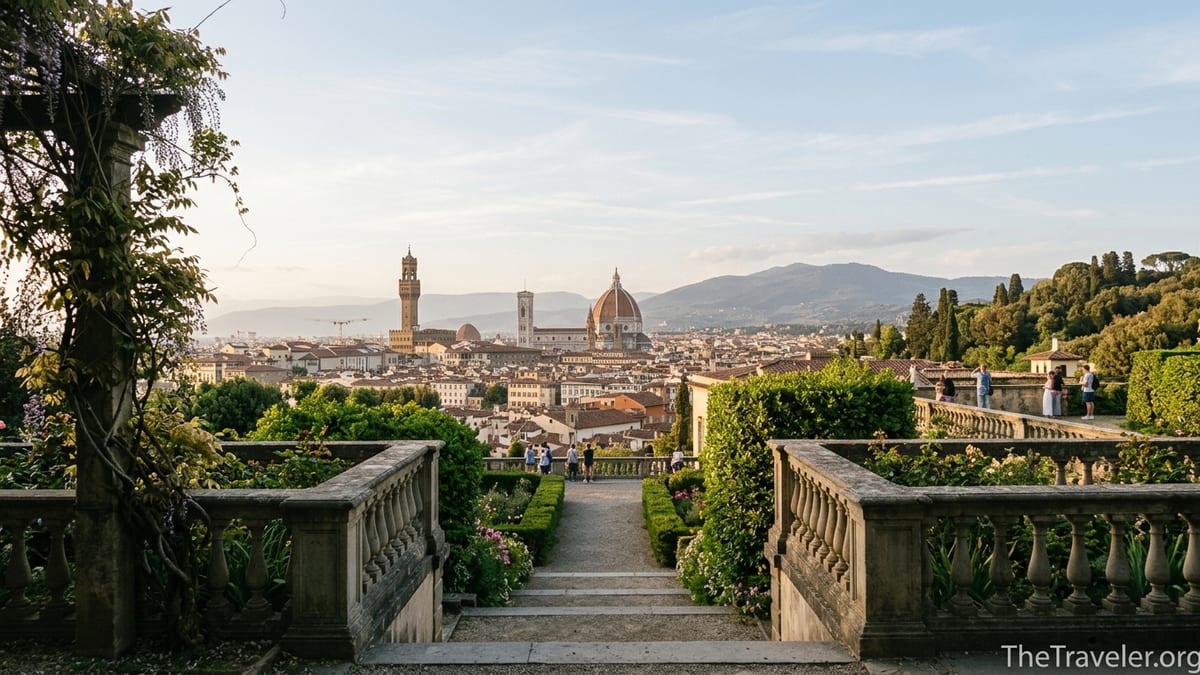 View over Florence from Villa Bardini’s baroque staircase with gardens and city skyline at sunset.