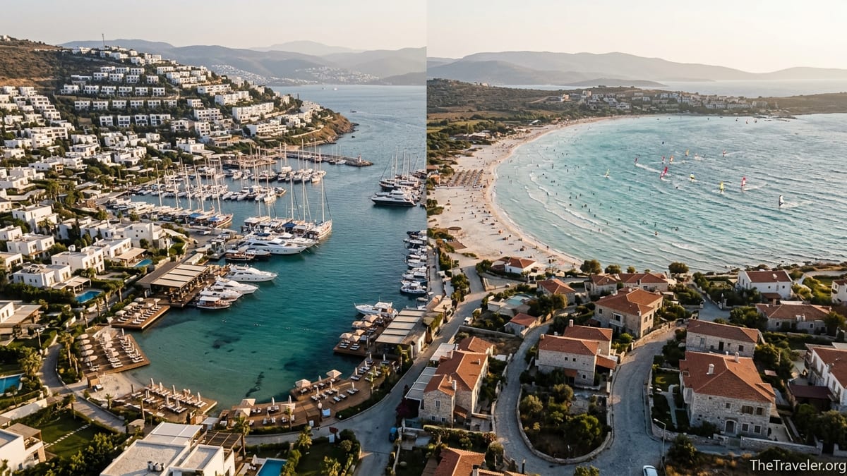 Aerial view of Bodrum and Çeşme style Aegean coastline with marinas, beaches and turquoise coves at golden hour.