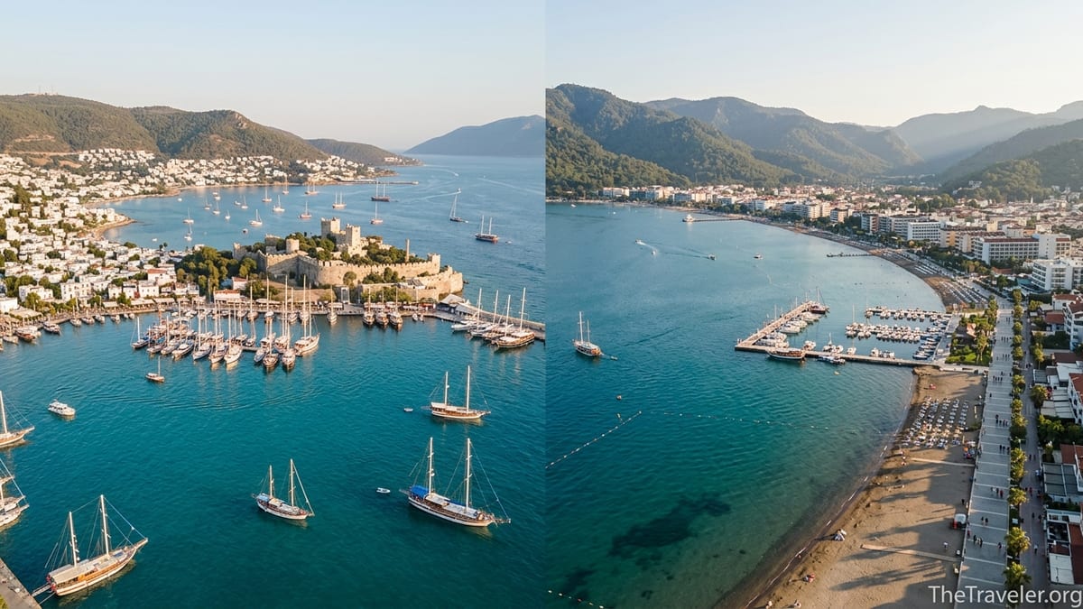 Aerial view comparing Bodrum and Marmaris bays on Turkey’s southern Aegean coast at golden hour.