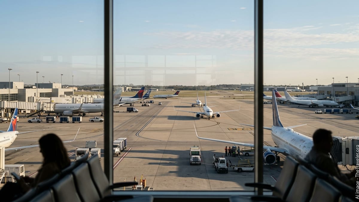 Travelers look out an airport window at several Boeing 737 jets parked and taxiing on a busy ramp.
