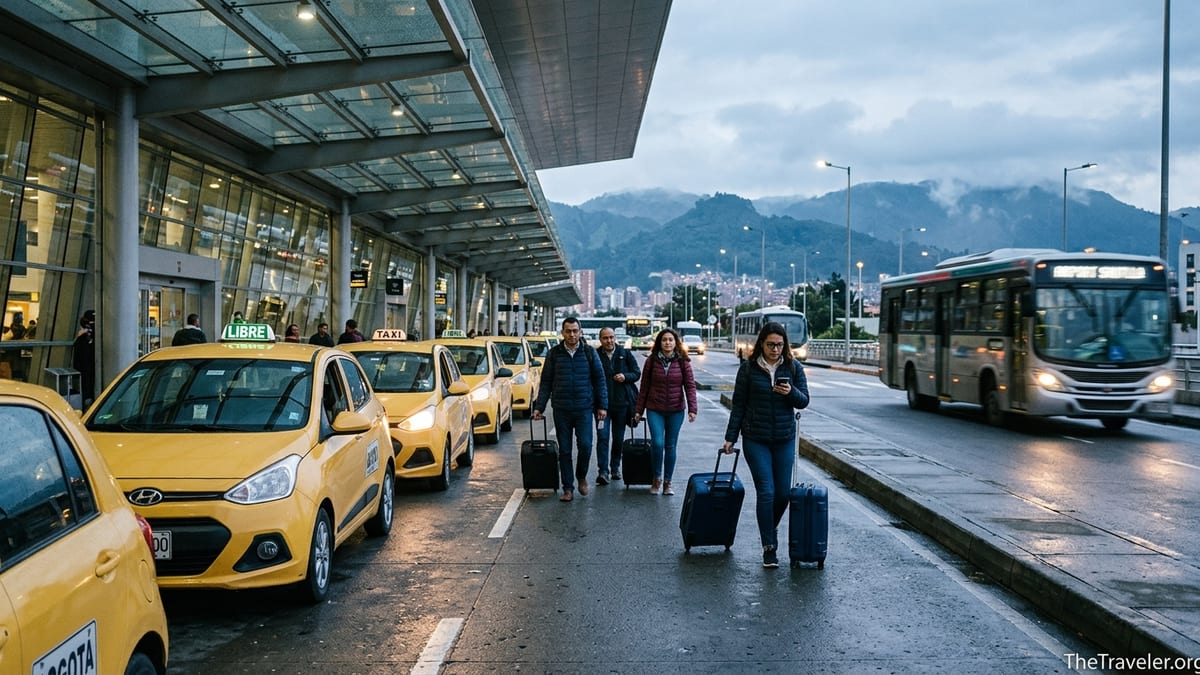 Line of yellow taxis outside Bogotá’s El Dorado Airport at dawn with travelers and distant hills.
