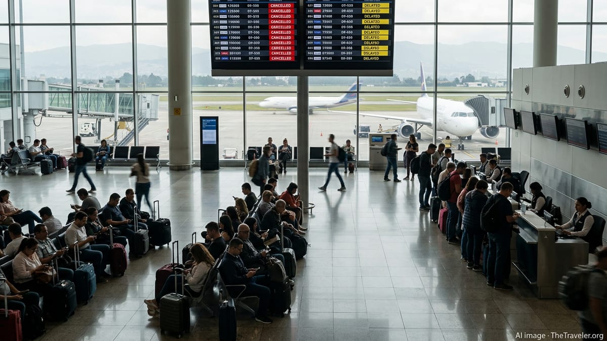 Crowded terminal at Bogotá’s El Dorado airport with passengers watching boards showing flight delays and cancellations.