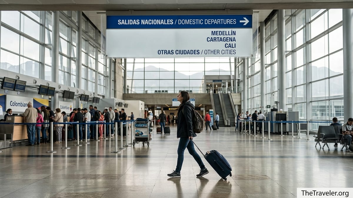Travelers walk through Bogotá El Dorado Airport following signs to domestic flights for Medellín, Cartagena and Cali.