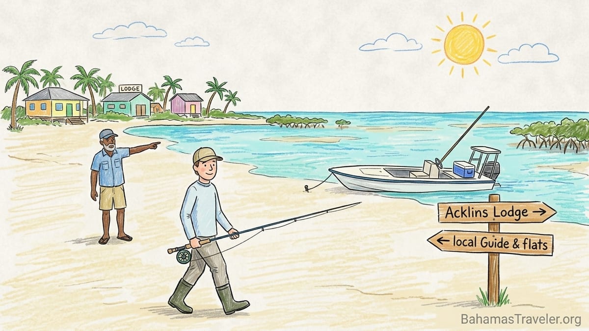 Angler and local guide wading a shallow turquoise flat near a skiff in the Bight of Acklins, Bahamas.
