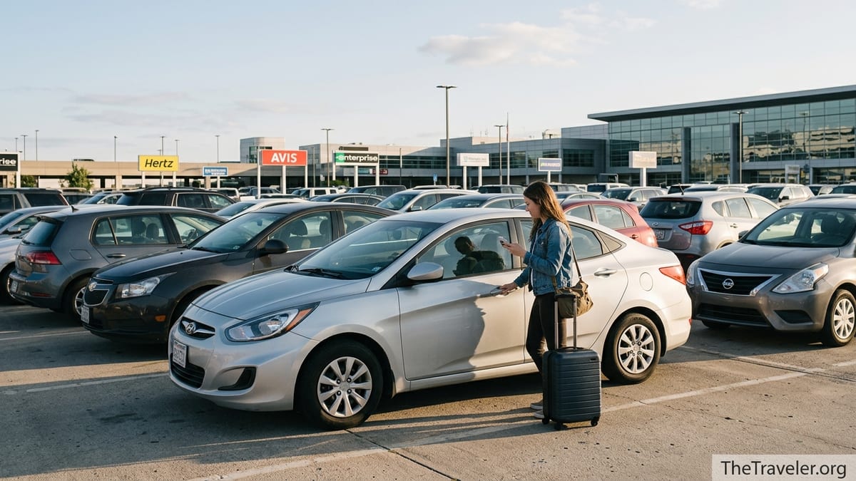 Traveler comparing rental car insurance options on a phone beside an economy rental car at an airport lot.