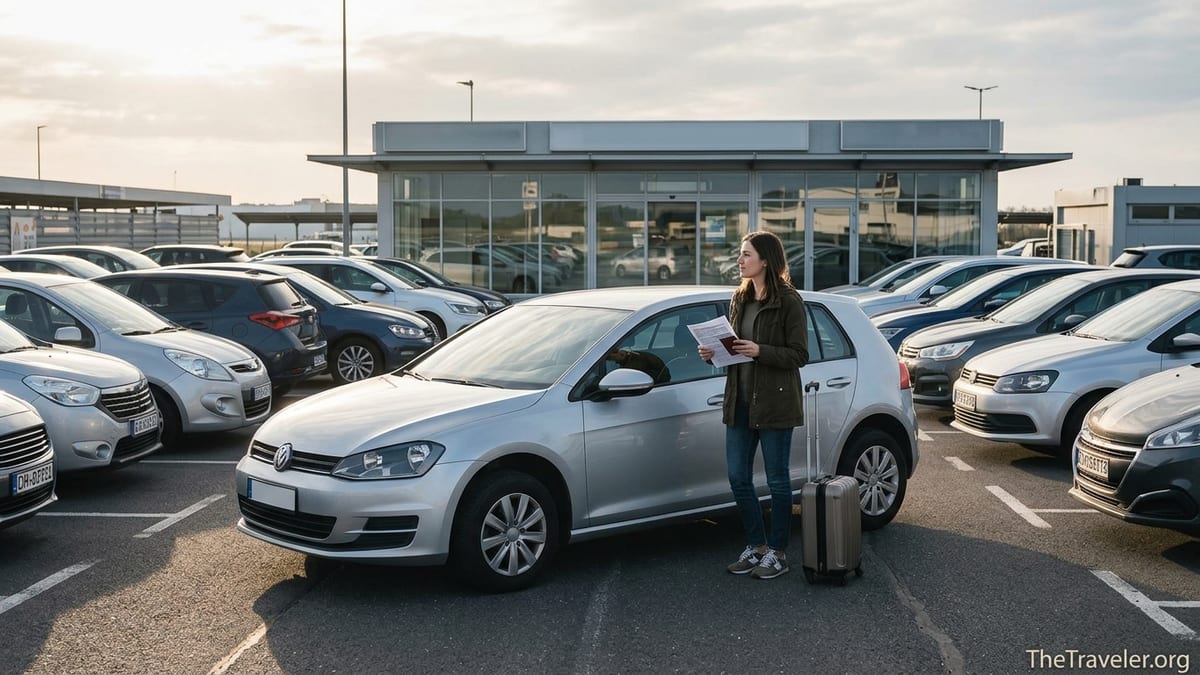Traveler reviewing rental car insurance papers in an airport car park abroad.