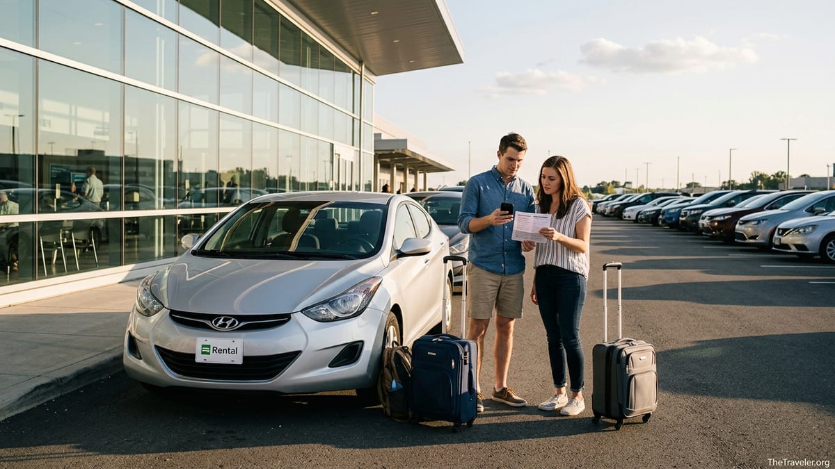 Travelers standing by a rental car at an airport lot checking insurance on a phone.