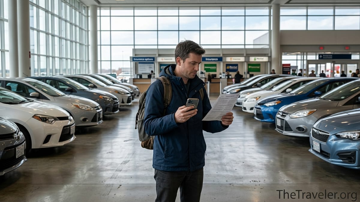 Traveler comparing rental car insurance options at an airport rental center.