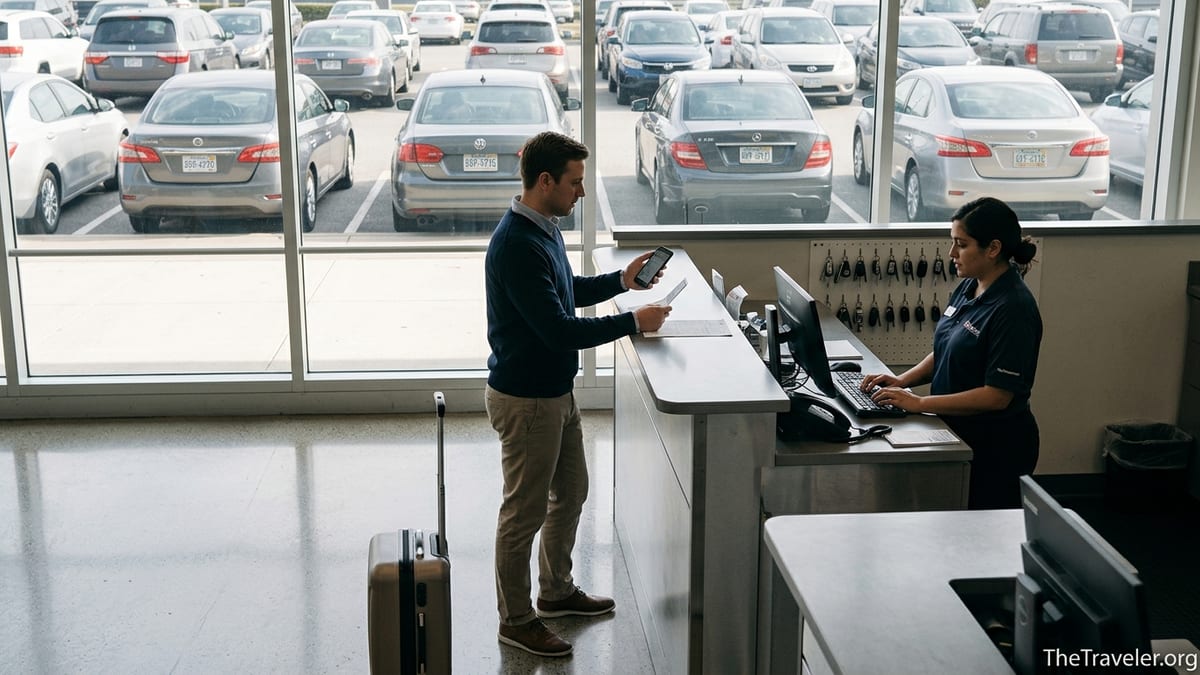 Traveler at an airport rental car counter reviewing insurance on a phone.