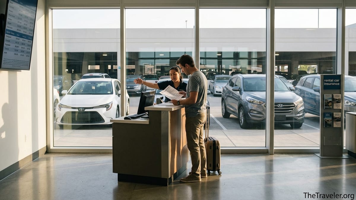 Traveler comparing rental car insurance options at an airport rental counter with cars visible outside.