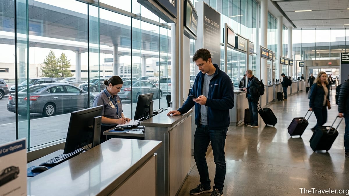 Traveler comparing rental car insurance options at an airport rental counter.