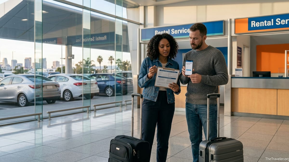 Travelers comparing rental car insurance documents at an airport rental counter.