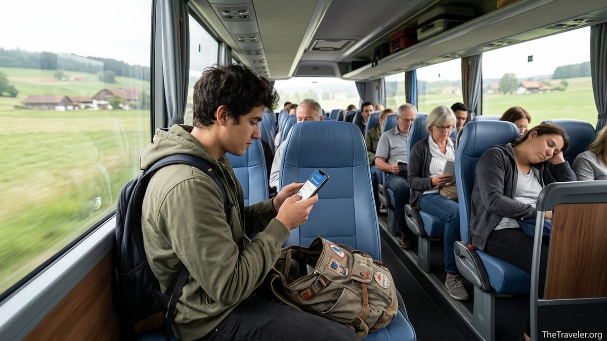 Traveler on an intercity bus abroad booking a ticket on their phone by the window.