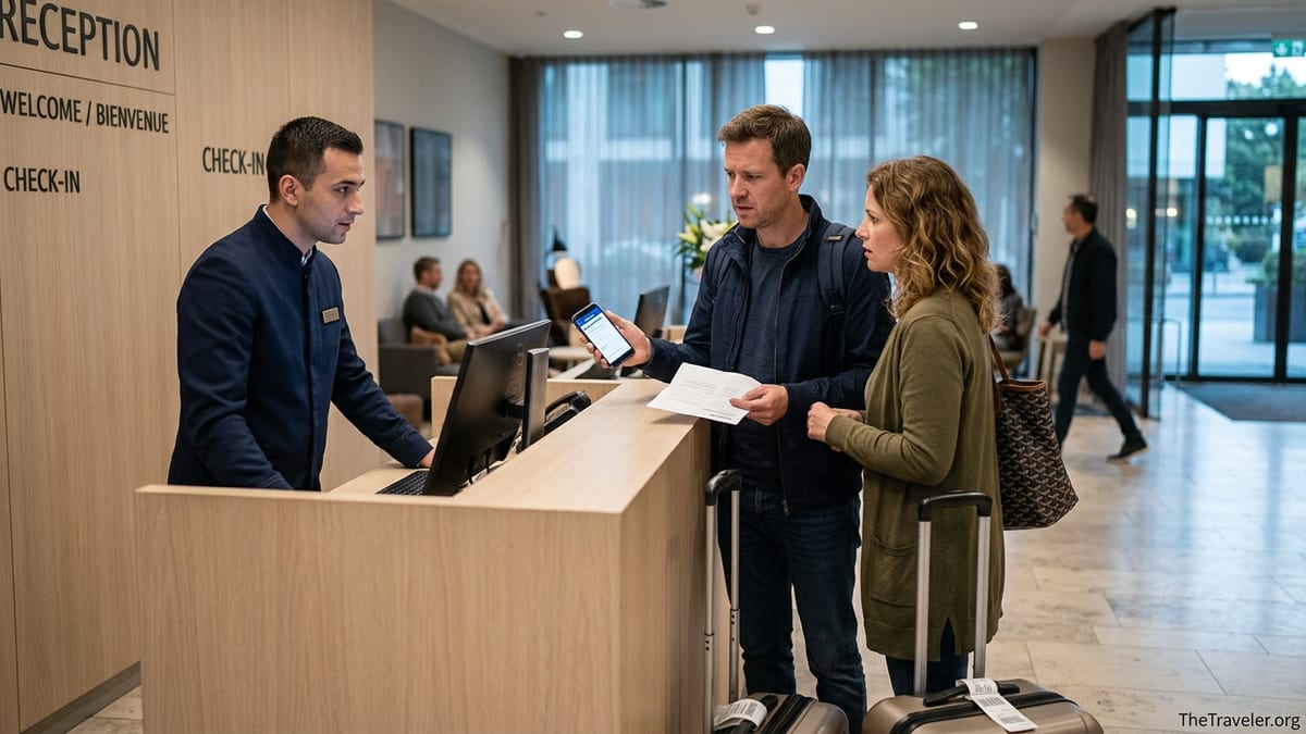 Travelers at a hotel front desk reviewing a Booking.com reservation with a concerned expression.