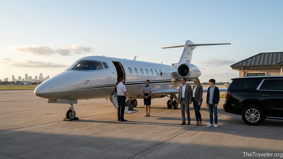 Travelers greeting crew beside a private jet at sunrise on an airport tarmac.