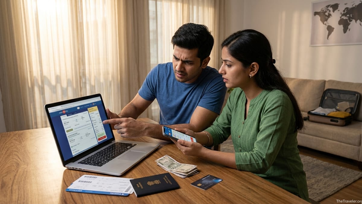 Couple comparing travel prices on a laptop and phone while planning a trip at home.