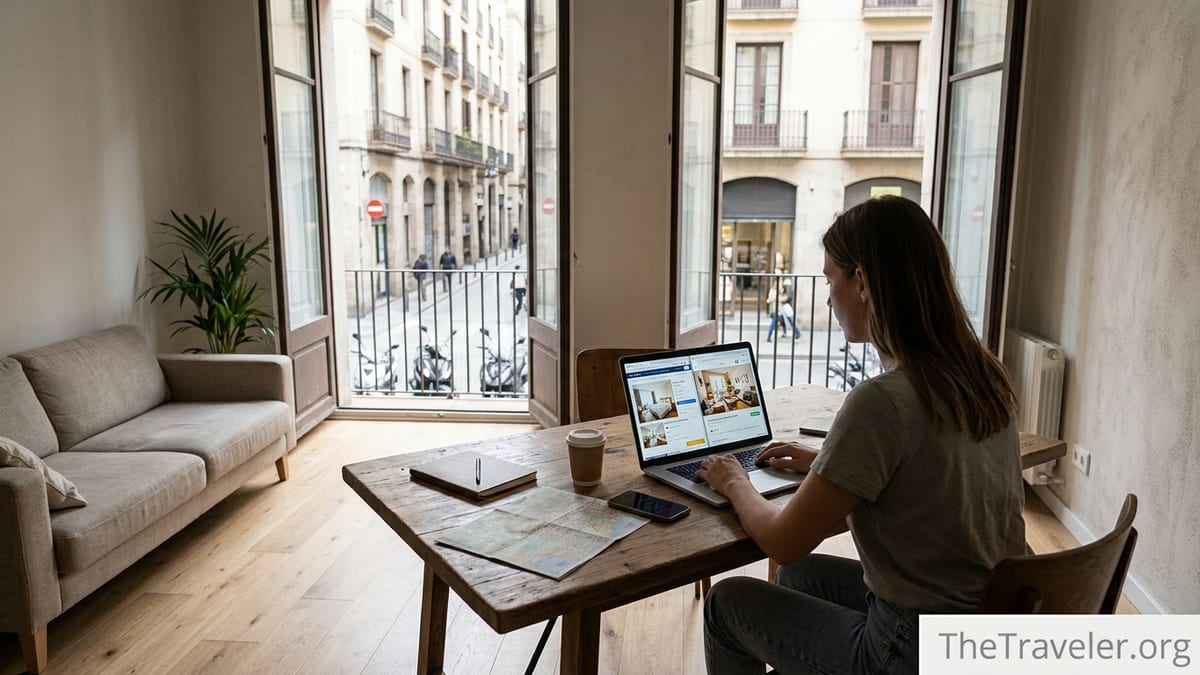 Traveler comparing hotel and apartment options on a laptop in a bright city apartment.