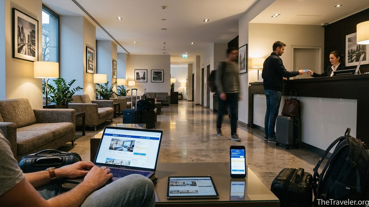 Traveler compares Booking.com on phone with hotel website on laptop in busy hotel lobby.