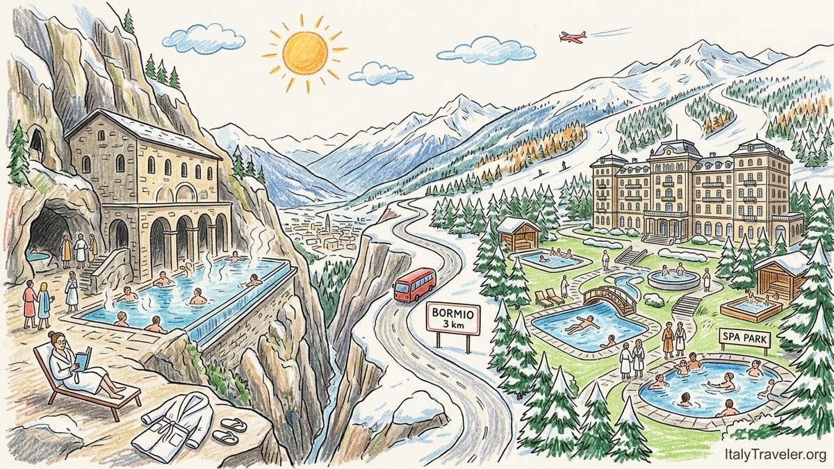 Steam rises from Bagni Vecchi’s cliff-edge thermal pool above snowy Bormio in the Italian Alps.