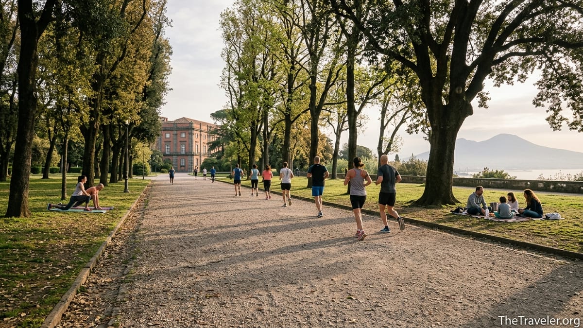 Joggers and picnickers enjoying an early morning in the Bosco di Capodimonte park above Naples.