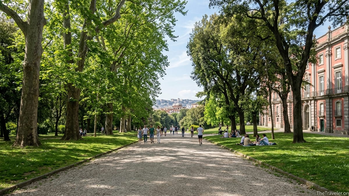 Tree-lined avenue and lawns of Bosco di Capodimonte with people walking and the palace visible through the trees.