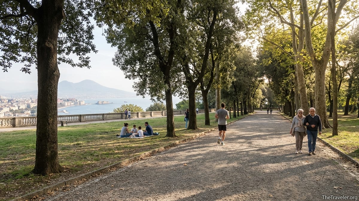 Tree-lined avenue and meadow in Bosco di Capodimonte overlooking Naples and Mount Vesuvius at sunset.
