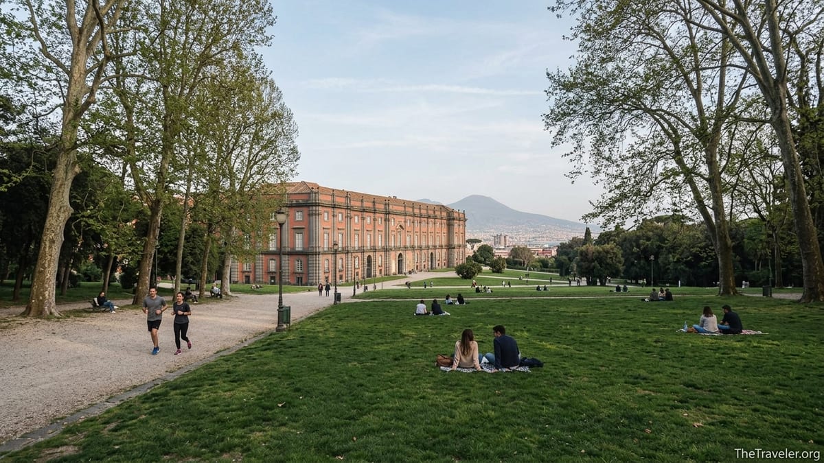 Tree-lined avenue in Bosco di Capodimonte with palace in background and locals walking