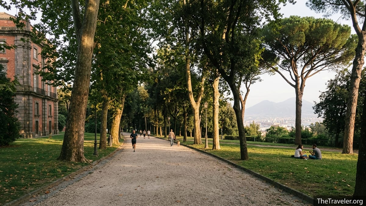 Tree lined avenue and palace at Bosco di Capodimonte overlooking Naples at sunset