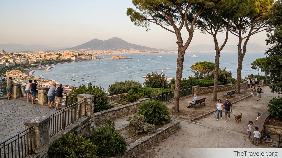 Terrace in Parco Virgiliano overlooking the Bay of Naples and Vesuvius at sunset.