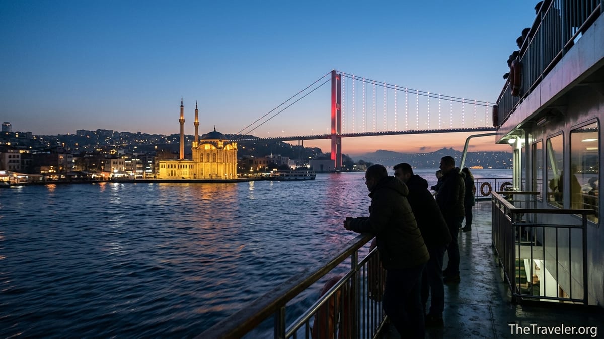 Night view of Istanbul’s Bosphorus from a ferry with illuminated bridge and Ortaköy Mosque.