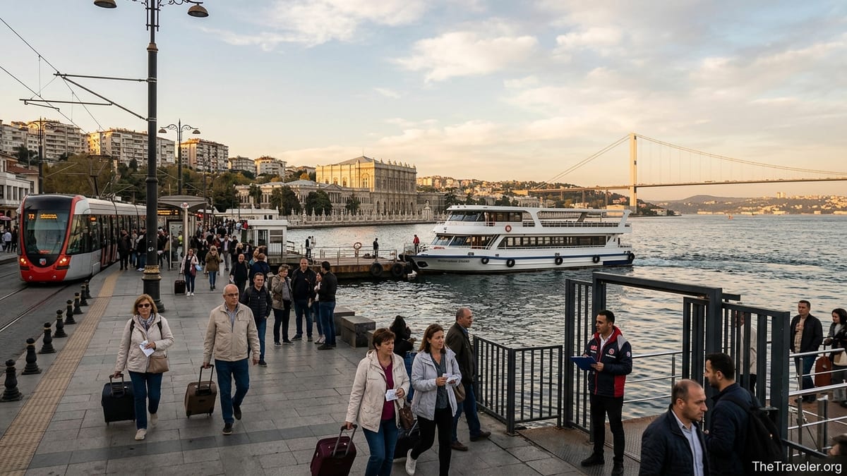 Bosphorus cruise boat departing Kabataş pier with tram line and bridge at sunset.