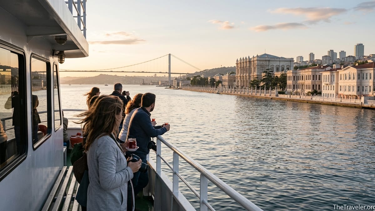 Sunset view from a Bosphorus yacht with passengers and Istanbul shoreline.