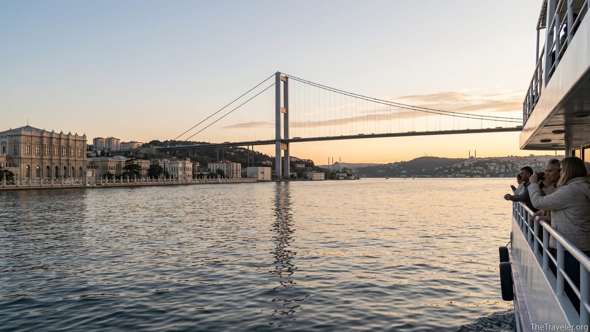 Small yacht cruising the Bosphorus at sunset with Istanbul skyline and Bosphorus Bridge ahead.
