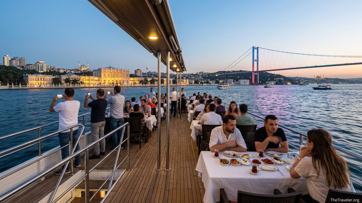 Evening Bosphorus dinner cruise boat with diners and Istanbul skyline at dusk