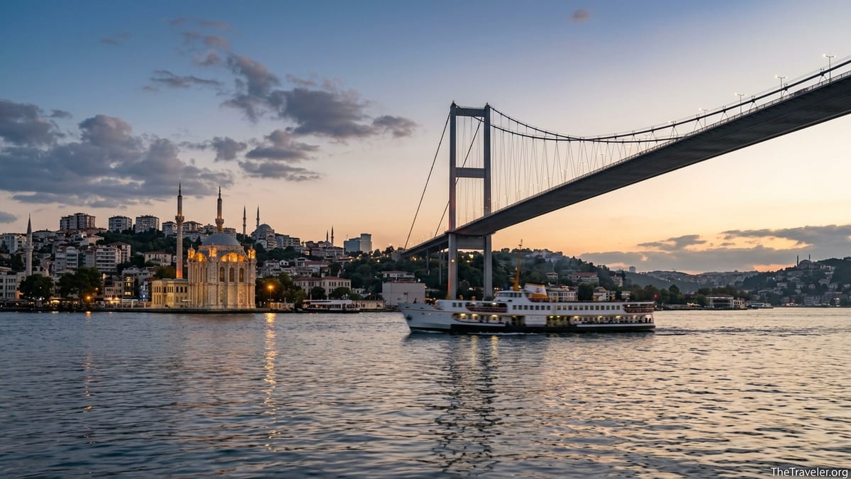 Evening view of Istanbul’s Bosphorus with Ortaköy Mosque, ferry, and 15 July Martyrs Bridge.